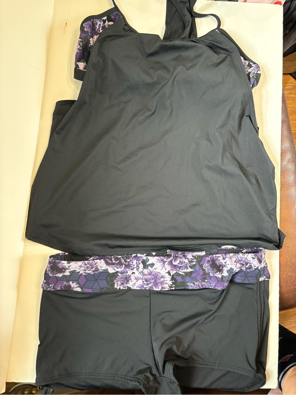 TYR Black Razorback Tankini & Boy Shorts set-  Purple Floral Accents